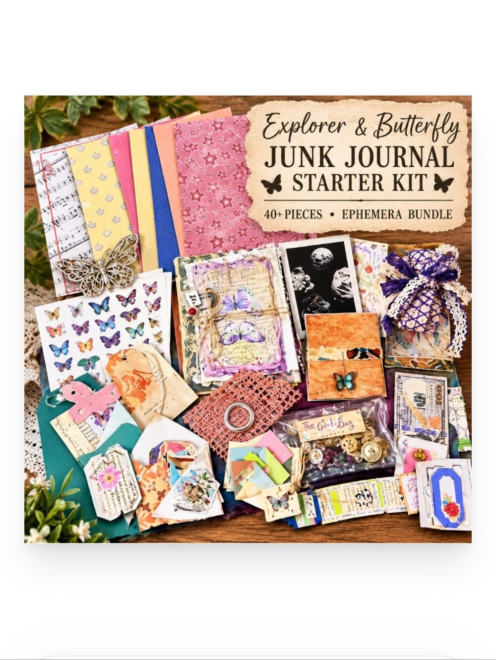 Explorer & Butterfly Junk Journal Starter Kit – 40+ Pieces Ephemera Bundle●
